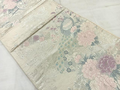 平和屋着物◎六通柄袋帯　唐織　孔雀花文　銀糸　正絹　逸品　AABC8801uk