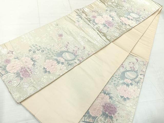 平和屋着物◎六通柄袋帯　唐織　孔雀花文　銀糸　正絹　逸品　AABC8801uk