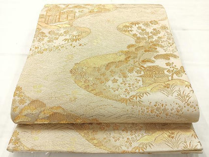 平和屋着物◎六通柄袋帯　宝彩錦　風景花文　金糸　正絹　逸品　AABC8810uk