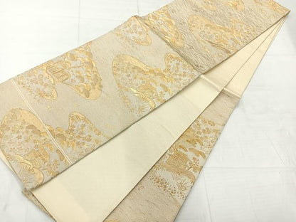 平和屋着物◎六通柄袋帯　宝彩錦　風景花文　金糸　正絹　逸品　AABC8810uk