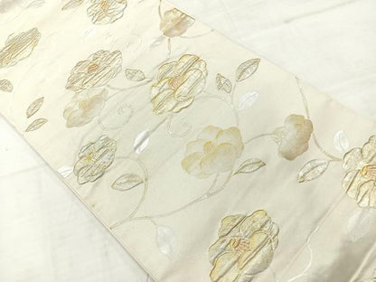 平和屋着物◎六通柄袋帯　椿　金彩　銀糸　正絹　逸品　AABC8829uk