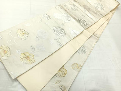 平和屋着物◎六通柄袋帯　椿　金彩　銀糸　正絹　逸品　AABC8829uk