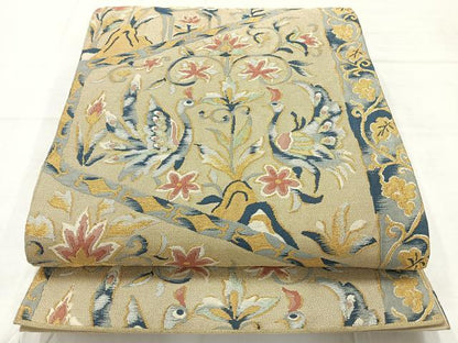 平和屋着物◎六通柄袋帯　唐織　更紗花文　動物　金銀糸　正絹　逸品　AABC8830uk