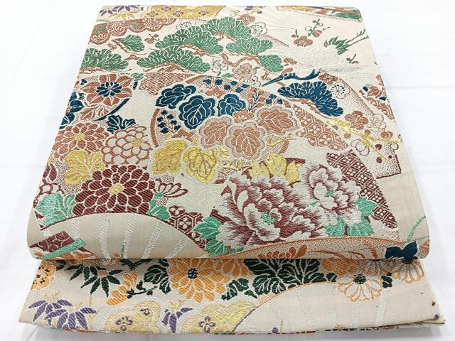 平和屋着物◎アンティーク　大正ロマン　六通柄袋帯　扇面飛鶴花文　金糸　正絹　逸品　AABC8843uk