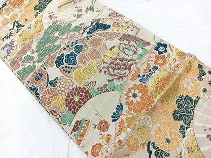 平和屋着物◎アンティーク　大正ロマン　六通柄袋帯　扇面飛鶴花文　金糸　正絹　逸品　AABC8843uk