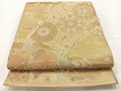 平和屋着物◎六通柄袋帯　地紙花文　金糸　正絹　逸品　AABC8852uk