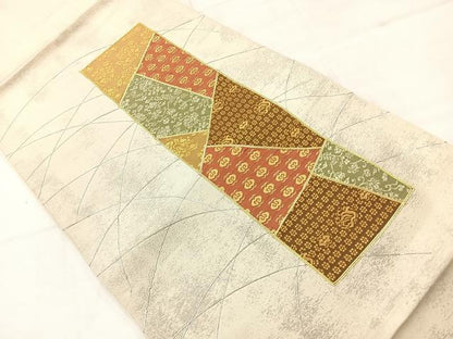 平和屋着物◎太鼓柄袋帯 駒刺繍 切嵌花文 金糸 三越扱い 正絹 逸品 AABC8873uk