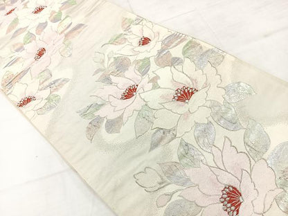 平和屋着物◎六通柄袋帯　唐織　草花文　銀糸　正絹　逸品　AABC8876uk