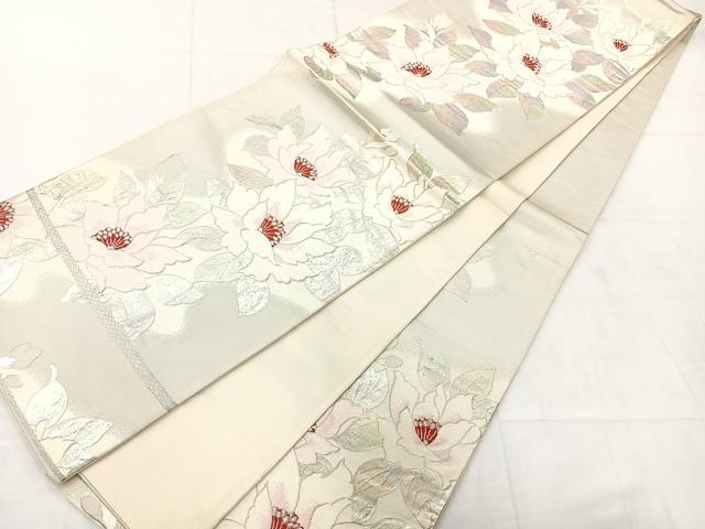 平和屋着物◎六通柄袋帯 唐織 草花文 銀糸 正絹 逸品 AABC8876uk