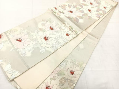 平和屋着物◎六通柄袋帯　唐織　草花文　銀糸　正絹　逸品　AABC8876uk