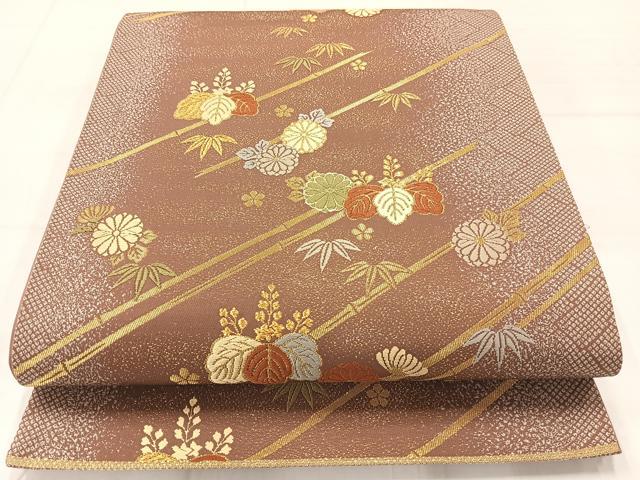 平和屋着物◎六通柄袋帯　唐織　笹竹花文　金糸　正絹　逸品　AABC8878uk
