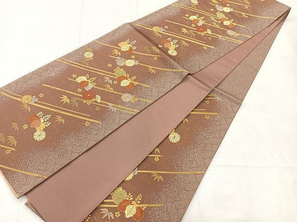 平和屋着物◎六通柄袋帯　唐織　笹竹花文　金糸　正絹　逸品　AABC8878uk