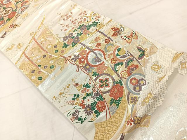 平和屋着物◎六通柄袋帯　唐織　舞蝶花鳥文　金銀糸　正絹　逸品　AABC8879uk