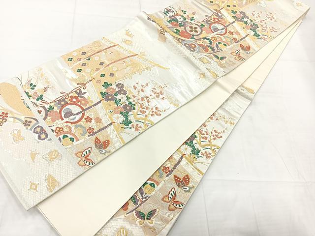 平和屋着物◎六通柄袋帯　唐織　舞蝶花鳥文　金銀糸　正絹　逸品　AABC8879uk