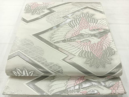 平和屋着物◎西陣　六通柄袋帯　松皮菱双鶴文　プラチナ二重箔　証紙付き　正絹　逸品　AABC8882uk