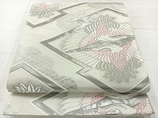 平和屋着物◎西陣　六通柄袋帯　松皮菱双鶴文　プラチナ二重箔　証紙付き　正絹　逸品　AABC8882uk