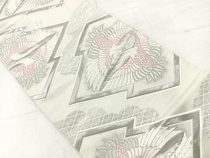 平和屋着物◎西陣　六通柄袋帯　松皮菱双鶴文　プラチナ二重箔　証紙付き　正絹　逸品　AABC8882uk