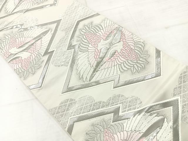 平和屋着物◎西陣　六通柄袋帯　松皮菱双鶴文　プラチナ二重箔　証紙付き　正絹　逸品　AABC8882uk