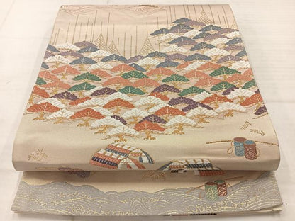 平和屋着物◎六通柄袋帯　浜松風景文　金糸　正絹　逸品　AABC8888uk