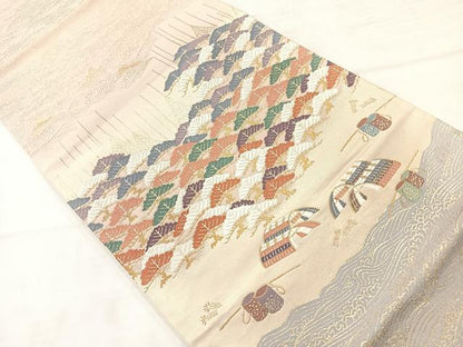 平和屋着物◎六通柄袋帯　浜松風景文　金糸　正絹　逸品　AABC8888uk