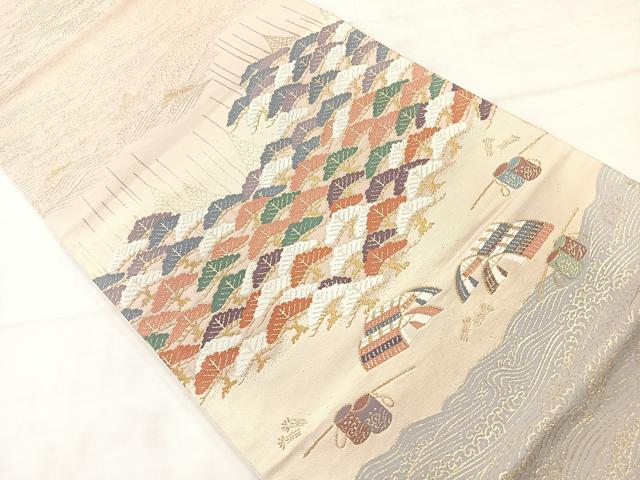 平和屋着物◎六通柄袋帯　浜松風景文　金糸　正絹　逸品　AABC8888uk