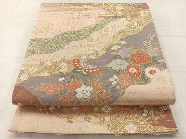 平和屋着物◎六通柄袋帯　唐織　道長舞蝶花文　金糸　正絹　逸品　AABC8889uk