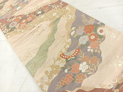 平和屋着物◎六通柄袋帯　唐織　道長舞蝶花文　金糸　正絹　逸品　AABC8889uk