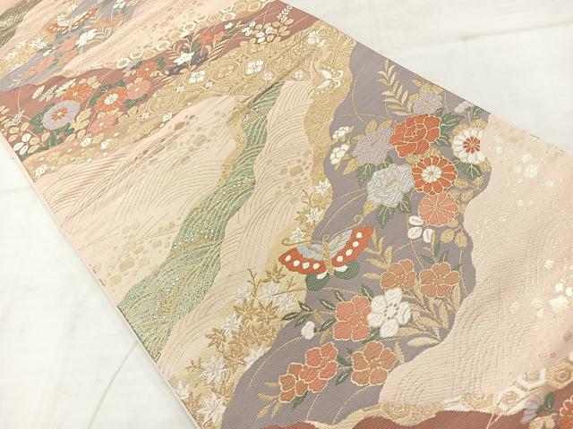 平和屋着物◎六通柄袋帯　唐織　道長舞蝶花文　金糸　正絹　逸品　AABC8889uk
