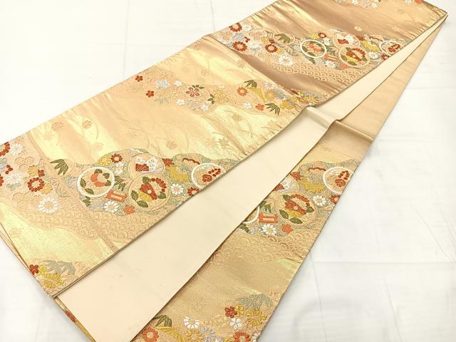 袋帯　寿光織　変わり菱　丸　円弧　金糸　着物　016k 平和屋着物◎六通柄袋帯 唐織 道長花蝶丸文 金糸 正絹 逸品