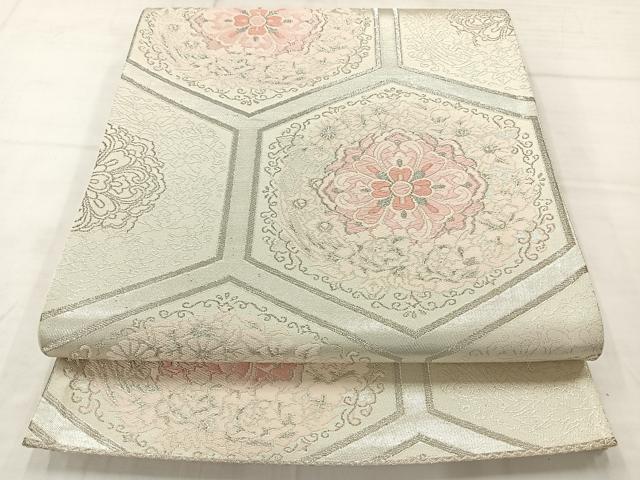 平和屋着物◎六通柄袋帯　唐織　次島謹製　亀甲花文　銀糸　正絹　逸品　AABC8891uk