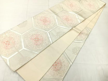 平和屋着物◎六通柄袋帯　唐織　次島謹製　亀甲花文　銀糸　正絹　逸品　AABC8891uk