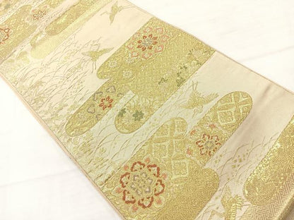 平和屋着物◎六通柄袋帯　エ霞飛鶴花文　金糸　正絹　逸品　AABC8898uk