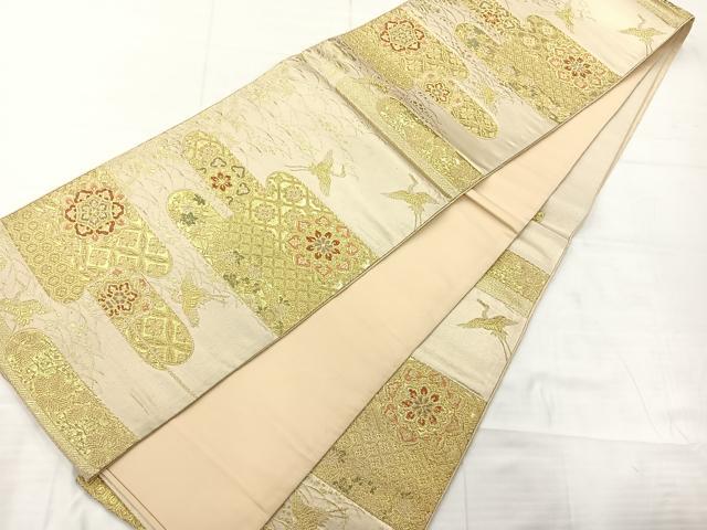 平和屋着物◎六通柄袋帯　エ霞飛鶴花文　金糸　正絹　逸品　AABC8898uk