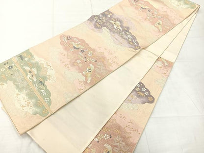 平和屋着物◎六通柄袋帯　歌仙　雲取り花鳥文　金銀糸　正絹　逸品　AABC8899uk