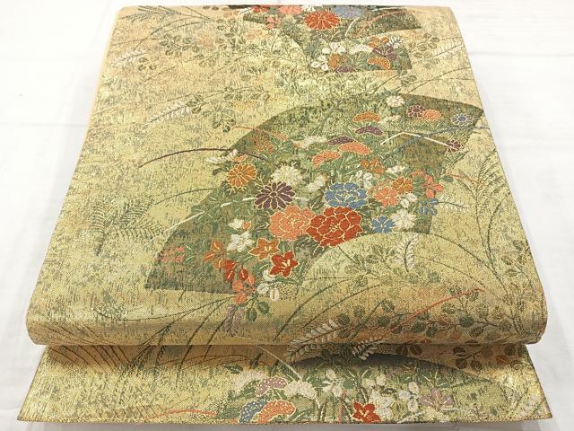 平和屋着物◎六通柄袋帯　唐織　秋草扇面小袖紋　金糸　正絹　逸品　AABC8918uk