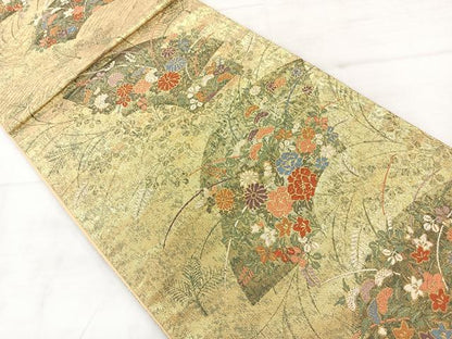 平和屋着物◎六通柄袋帯　唐織　秋草扇面小袖紋　金糸　正絹　逸品　AABC8918uk
