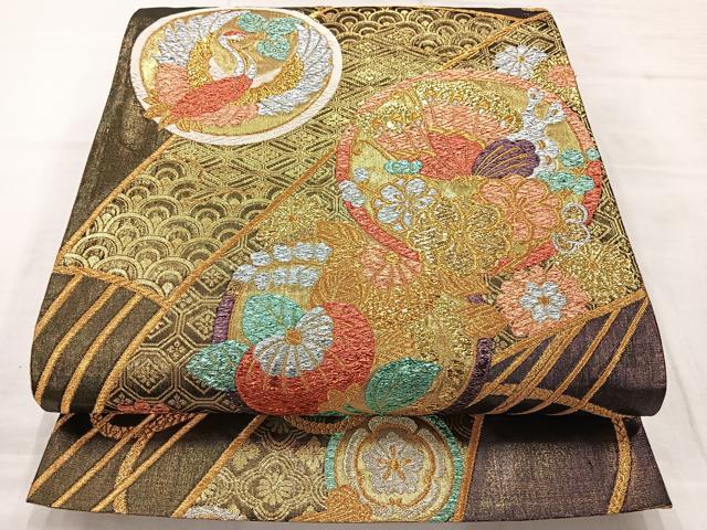 平和屋着物◎六通柄袋帯　花蝶文　鶴の丸　金銀糸　正絹　逸品　AABC8930uk
