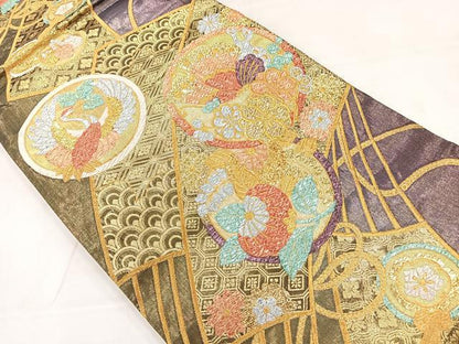 平和屋着物◎六通柄袋帯　花蝶文　鶴の丸　金銀糸　正絹　逸品　AABC8930uk