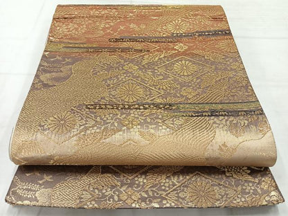平和屋着物◎六通柄袋帯　道長飛鶴花文　金糸　正絹　逸品　AABC8953uk