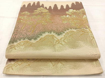 平和屋着物◎六通柄袋帯　風景文　金糸　正絹　逸品　AABC8962uk