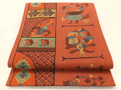 平和屋着物◎六通柄袋帯　石摺唐糸　花鳥文　正絹　逸品　AABC8993uk
