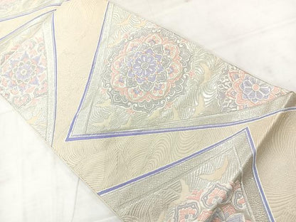 平和屋着物◎六通柄袋帯　唐織　正倉院花文　銀糸　正絹　逸品　AABC9014uk