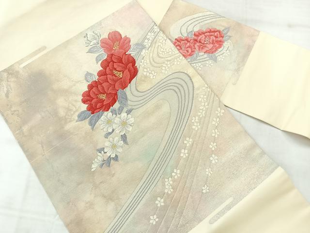 平和屋着物◎九寸名古屋帯　流水花文　金銀糸　正絹　逸品　AABC9087uk