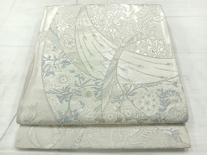 平和屋着物◎六通柄袋帯　孔雀更紗花文　銀糸　正絹　逸品　AABC9105uk