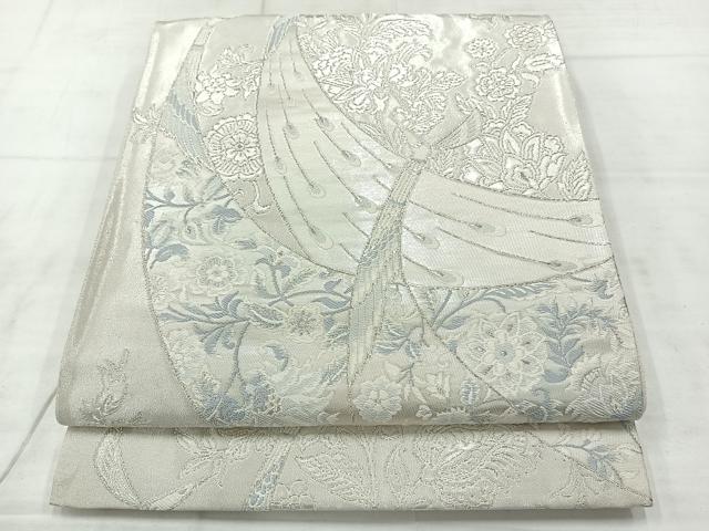 平和屋着物◎六通柄袋帯　孔雀更紗花文　銀糸　正絹　逸品　AABC9105uk