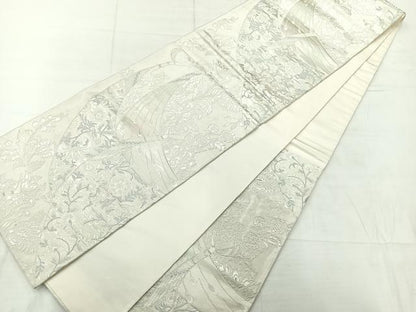 平和屋着物◎六通柄袋帯　孔雀更紗花文　銀糸　正絹　逸品　AABC9105uk