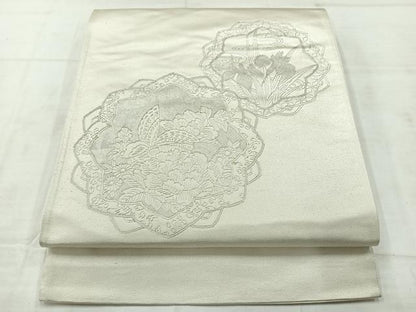 平和屋着物◎太鼓柄袋帯　草花文　銀彩　正絹　逸品　AABC9108uk