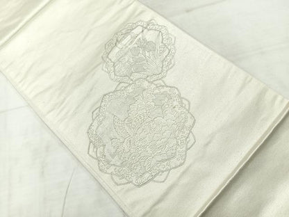 平和屋着物◎太鼓柄袋帯　草花文　銀彩　正絹　逸品　AABC9108uk
