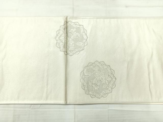 平和屋着物◎太鼓柄袋帯　草花文　銀彩　正絹　逸品　AABC9108uk