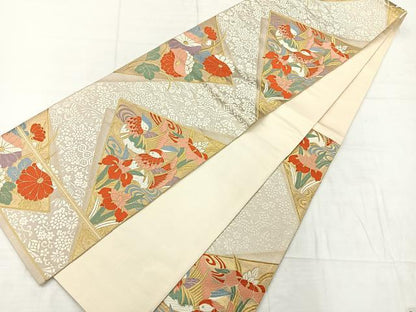 平和屋着物◎六通柄袋帯　唐織　鴛鴦花文　金糸　正絹　逸品　AABC9113uk